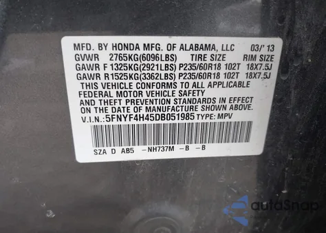 2013 Honda Pilot Ex z USA, uszkodzony, nr VIN 5FNYF4H45DB051985